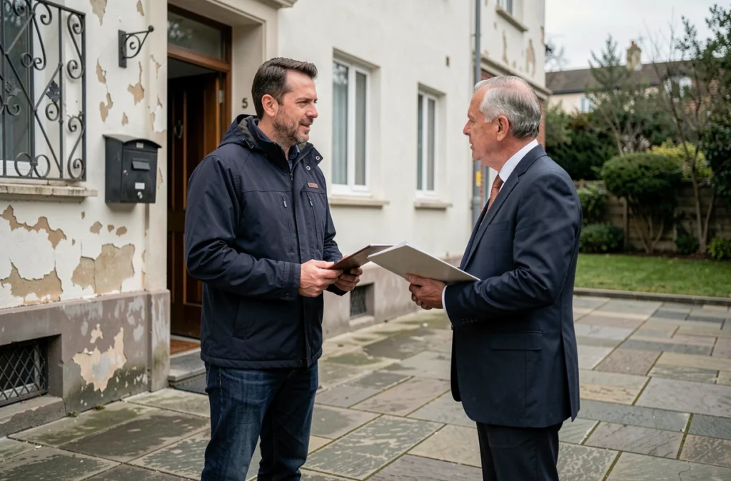 Propriétaire discutant avec un agent d'assurance habitation devant un immeuble
