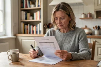 Femme lisant un contrat d'assurance habitation à résilier selon la loi Chatel