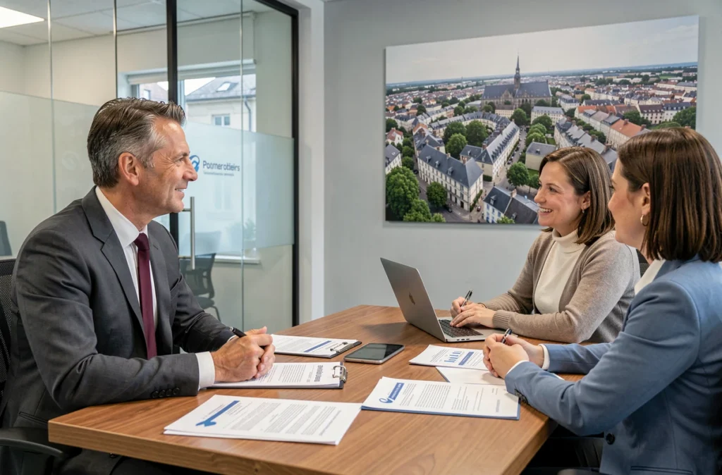 Conseiller de Rouquet Immobilier en réunion avec des copropriétaires dans leur agence à Poitiers