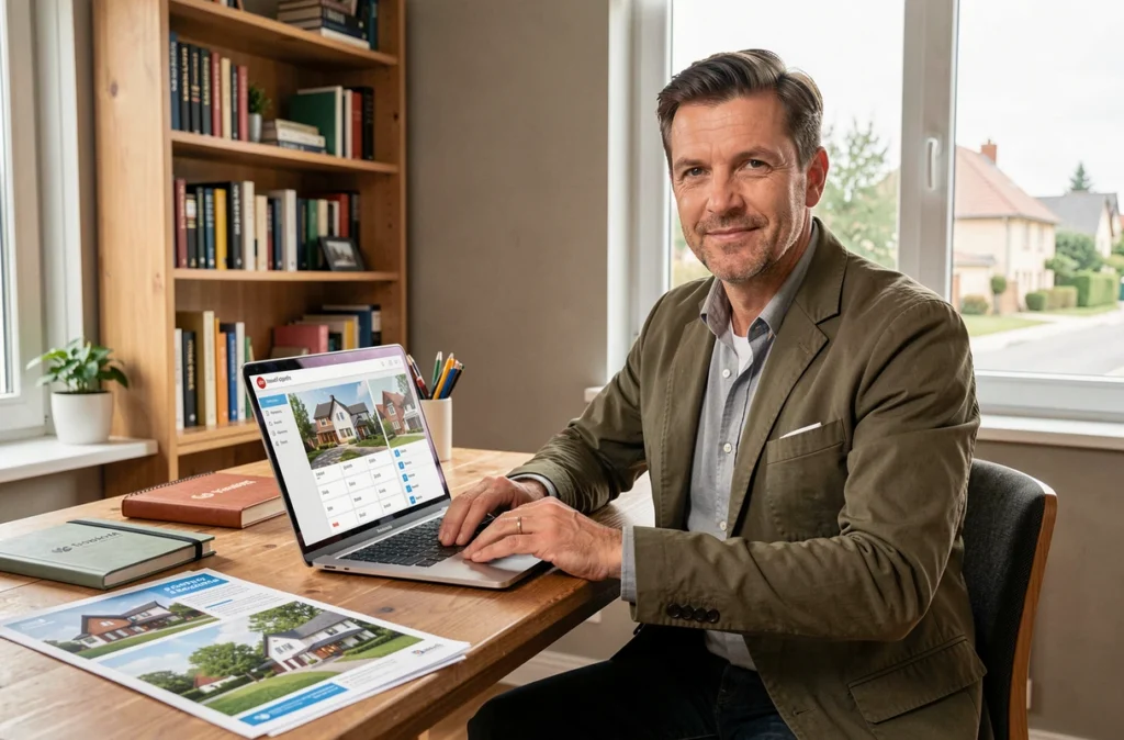 Agent indépendant Safti Grand Est travaillant depuis un bureau à domicile avec un ordinateur portable affichant une plateforme immobilière dans un environnement résidentiel de la région