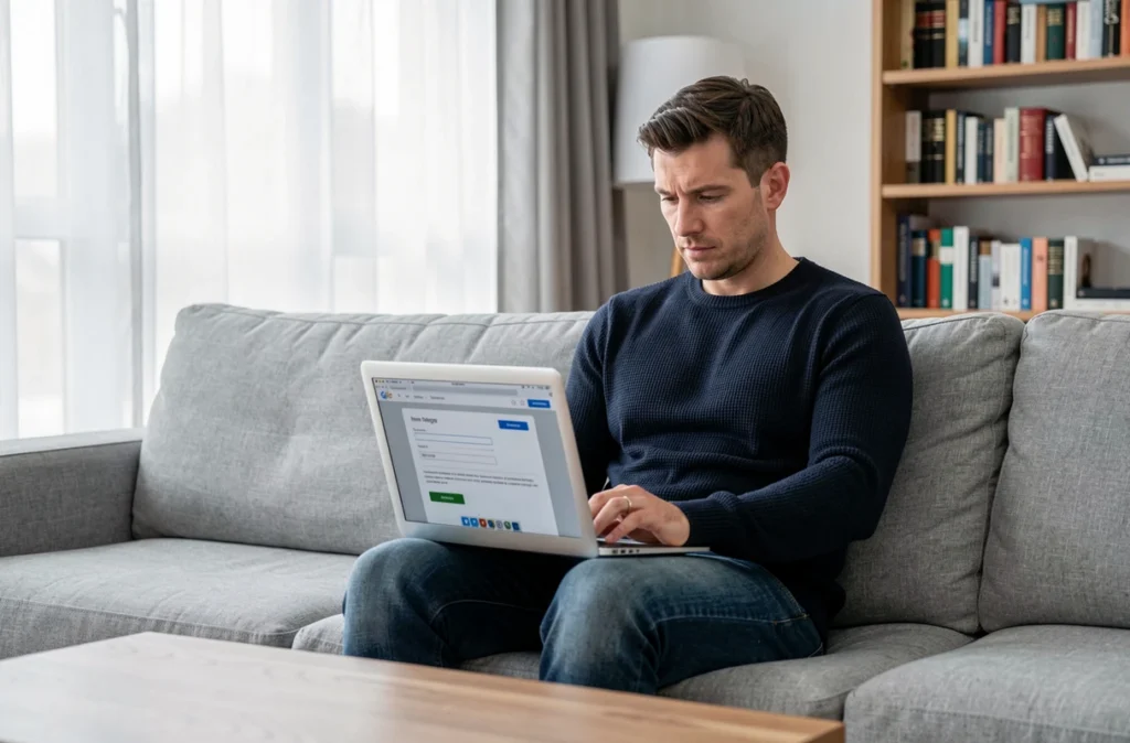 Homme souscrivant une assurance habitation en ligne sur un ordinateur portable dans un salon moderne