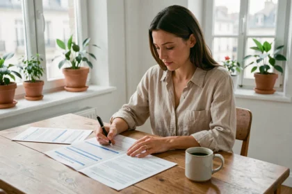 Femme consultant des documents d'assurance habitation à une table en bois dans un appartement moderne