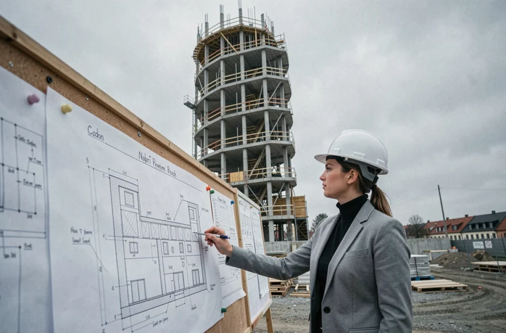 Chantier de construction d'un immeuble résidentiel innovant de Spiral dans un quartier en développement de Strasbourg, avec une architecte consultant des plans techniques