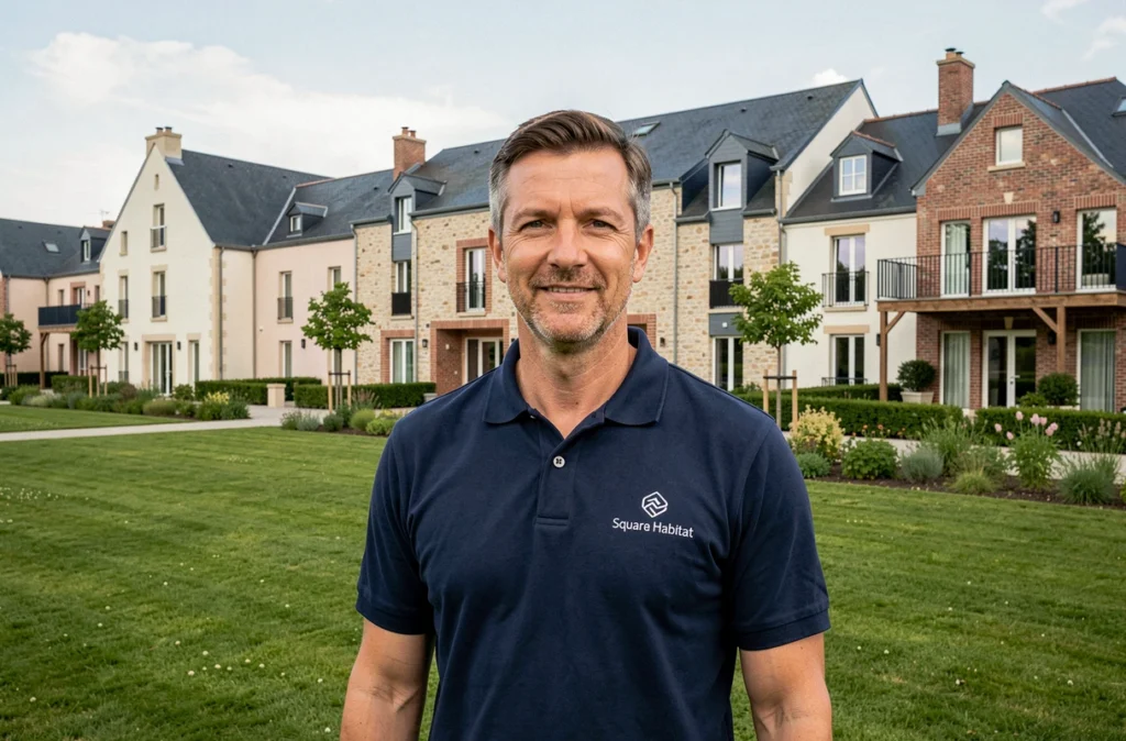 Agent Square Habitat devant une résidence en copropriété représentative de leur réseau en Nouvelle-Aquitaine