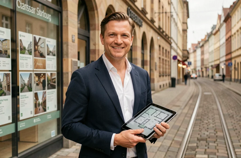 Agent immobilier de Stéphane Plaza Immobilier Strasbourg devant une agence avec des vitrines d'annonces immobilières dans le centre historique de Strasbourg