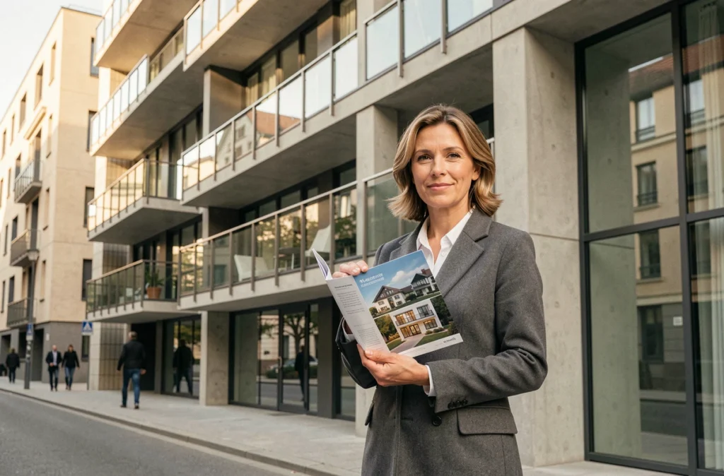 Façade d'un immeuble résidentiel moderne développé par Stradim à Strasbourg, avec une professionnelle de l'immobilier tenant une brochure commerciale