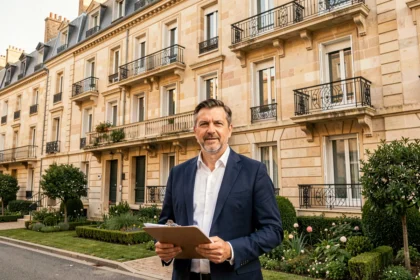 Gestionnaire de syndic de copropriété devant un immeuble résidentiel typique de Nouvelle-Aquitaine