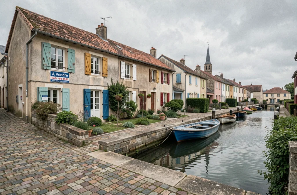 Rue de village français au bord d'un canal avec maisons à vendre et panneaux immobiliers visibles